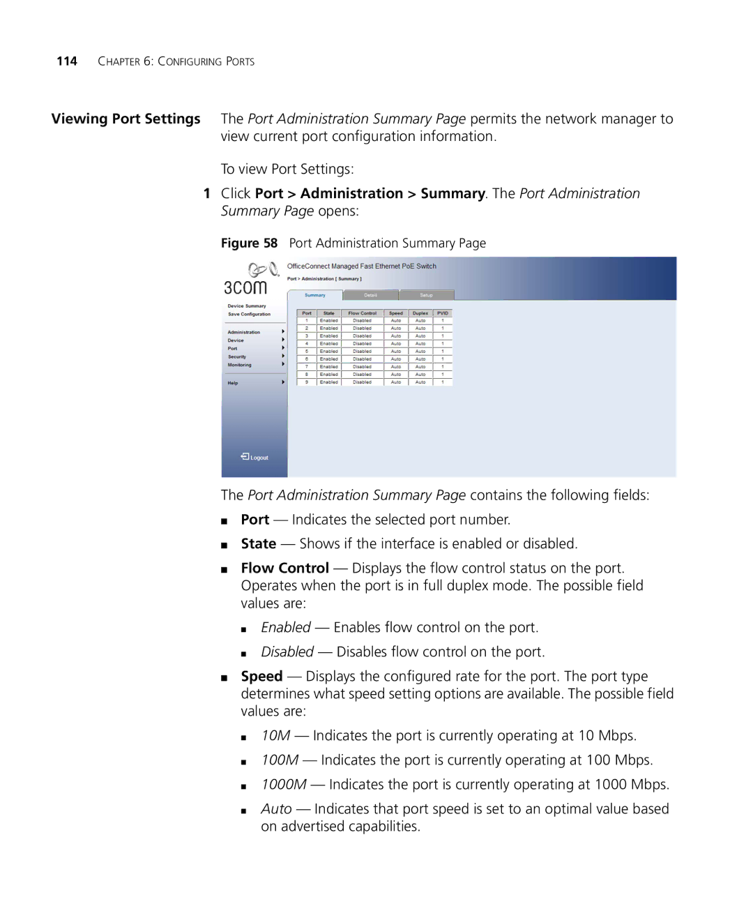 3Com 3CRDSF9PWR manual Port Administration Summary 