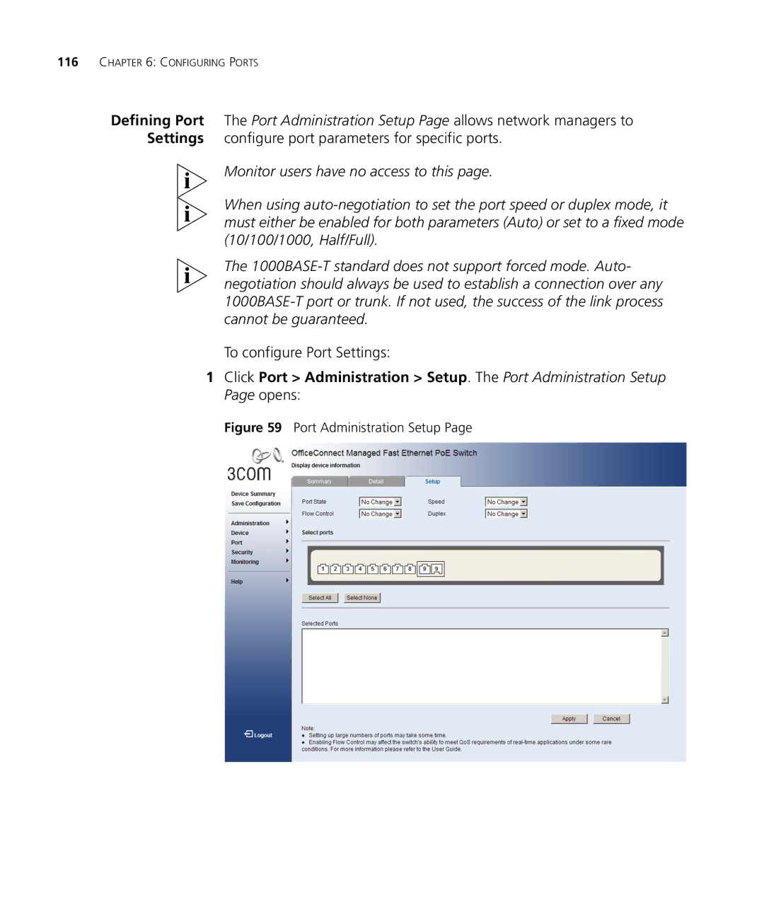 3Com 3CRDSF9PWR manual To configure Port Settings, Port Administration Setup 