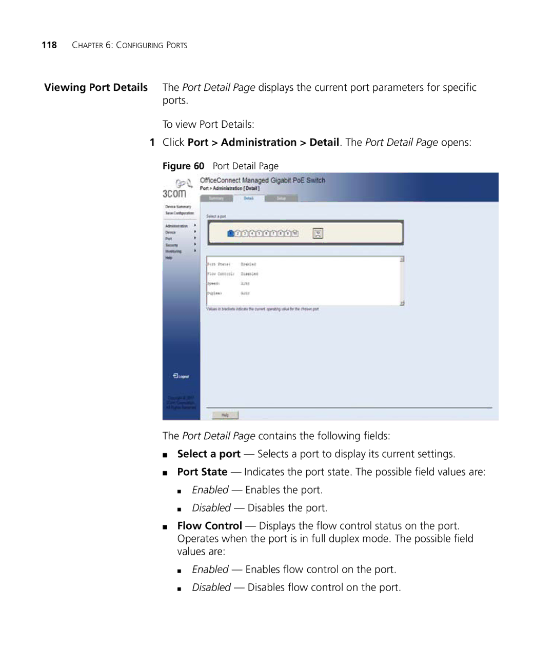 3Com 3CRDSF9PWR manual Click Port Administration Detail. The Port Detail Page opens 