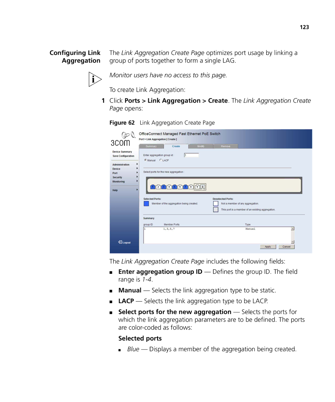 3Com 3CRDSF9PWR manual To create Link Aggregation, Blue Displays a member of the aggregation being created 