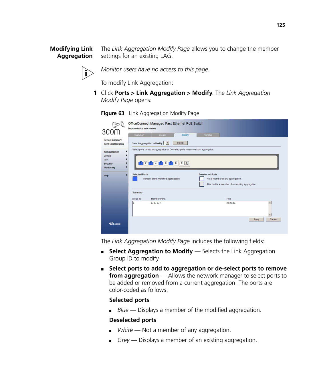 3Com 3CRDSF9PWR manual To modify Link Aggregation, Link Aggregation Modify Page includes the following fields 