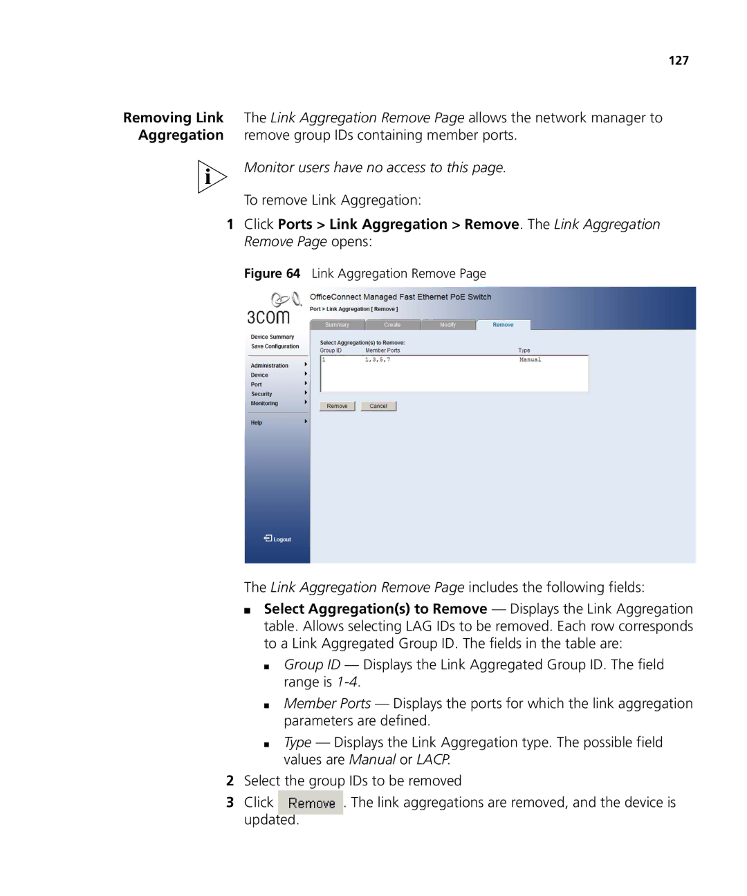 3Com 3CRDSF9PWR manual To remove Link Aggregation, Link Aggregation Remove Page includes the following fields 