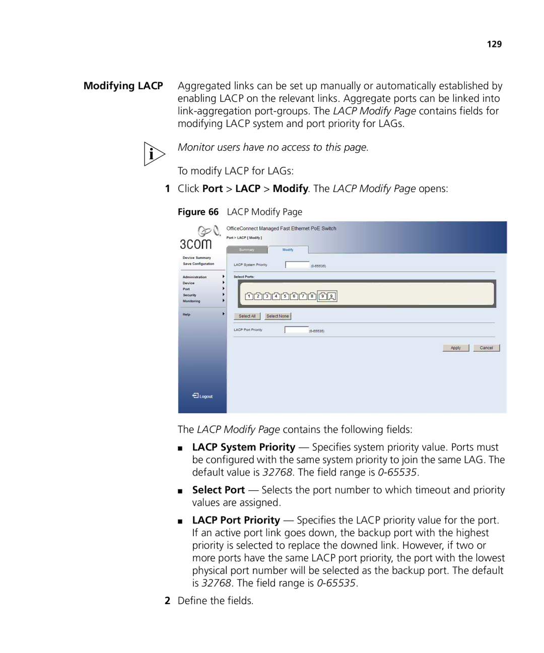 3Com 3CRDSF9PWR manual Lacp Modify 