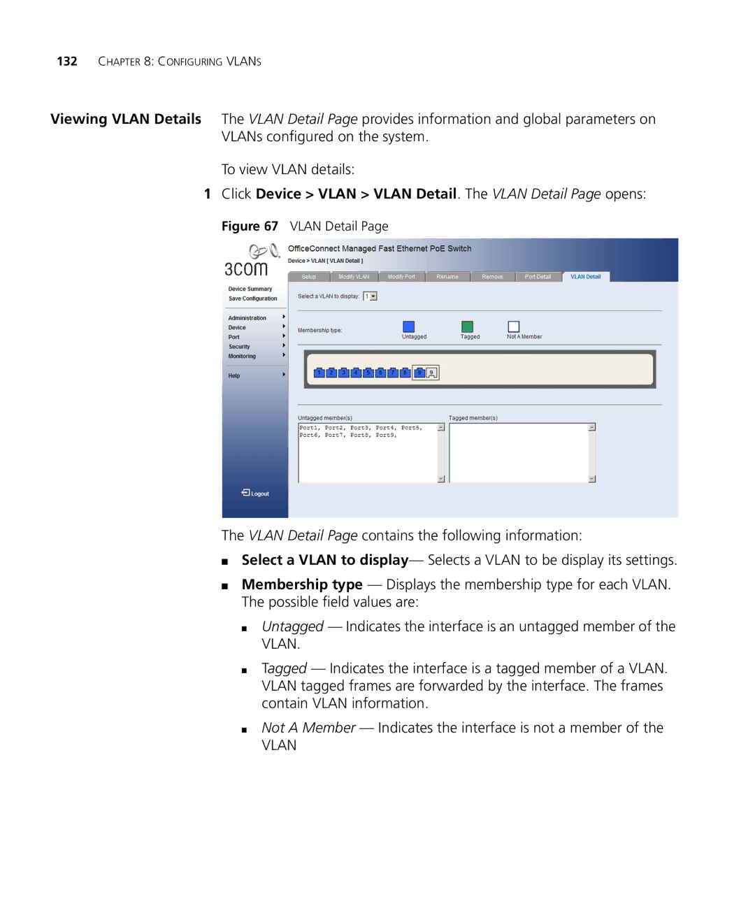 3Com 3CRDSF9PWR manual Click Device Vlan Vlan Detail. The Vlan Detail Page opens 