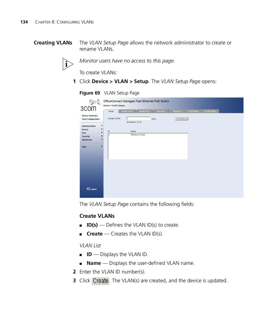 3Com 3CRDSF9PWR manual Create VLANs, To create VLANs, Click Device Vlan Setup. The Vlan Setup Page opens 