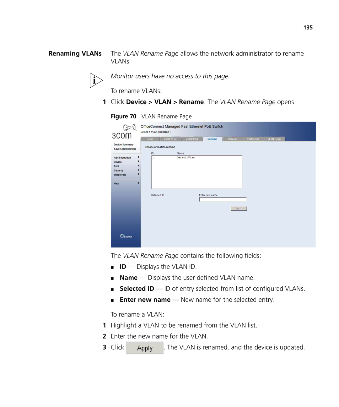 3Com 3CRDSF9PWR manual To rename VLANs, Click Device Vlan Rename. The Vlan Rename Page opens 