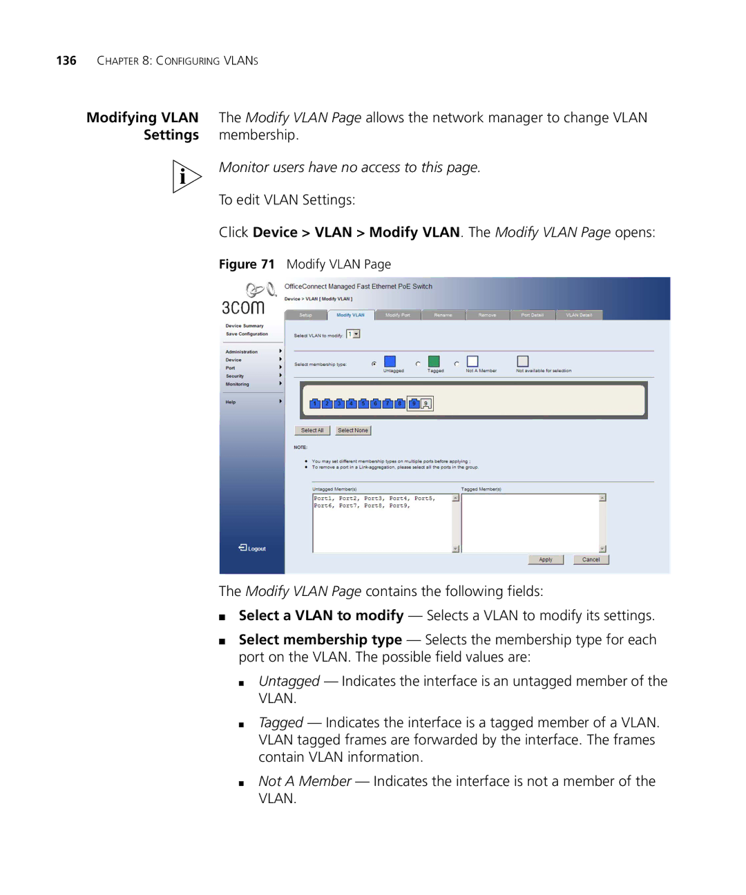 3Com 3CRDSF9PWR manual To edit Vlan Settings, Click Device Vlan Modify VLAN. The Modify Vlan Page opens 