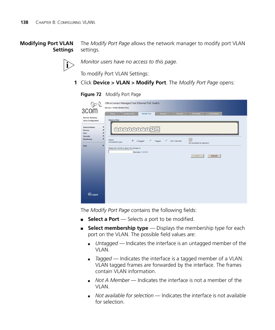 3Com 3CRDSF9PWR manual To modify Port Vlan Settings, Click Device Vlan Modify Port. The Modify Port Page opens 