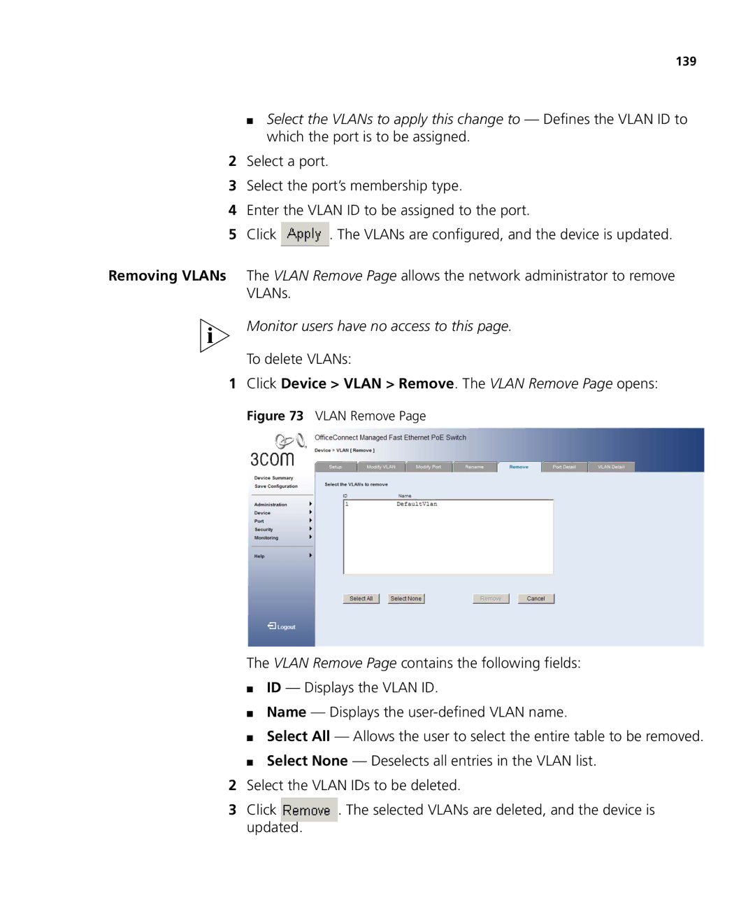 3Com 3CRDSF9PWR manual To delete VLANs, Click Device Vlan Remove. The Vlan Remove Page opens 