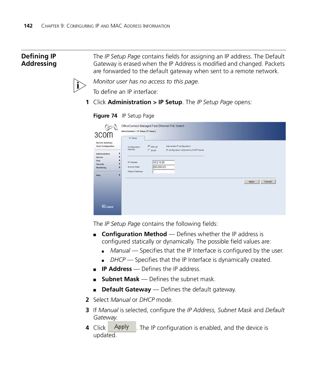 3Com 3CRDSF9PWR manual Defining IP, Addressing, To define an IP interface, IP Setup Page contains the following fields 