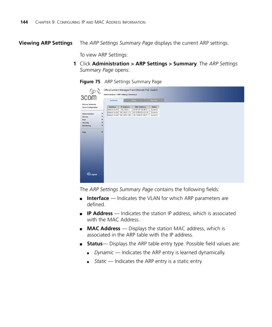 3Com 3CRDSF9PWR manual ARP Settings Summary 