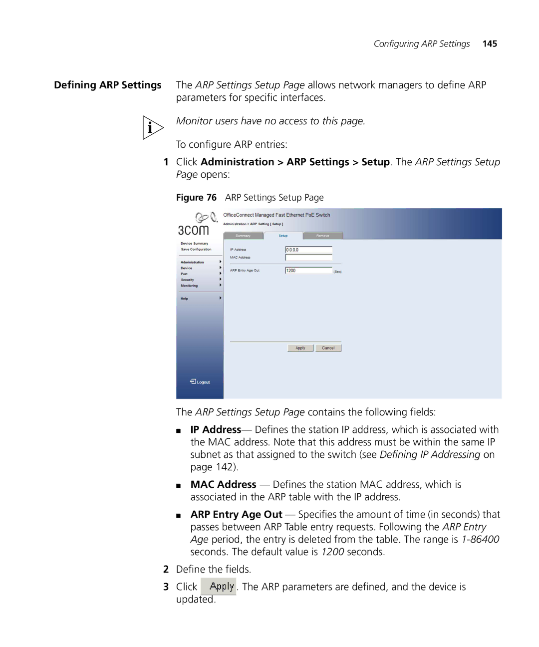 3Com 3CRDSF9PWR manual To configure ARP entries, ARP Settings Setup 