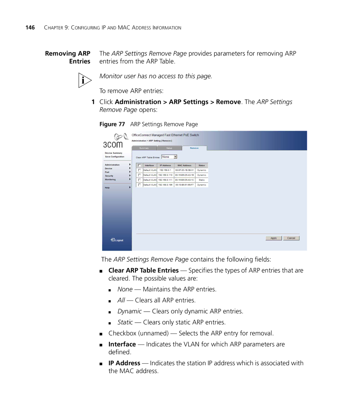 3Com 3CRDSF9PWR manual To remove ARP entries, ARP Settings Remove 