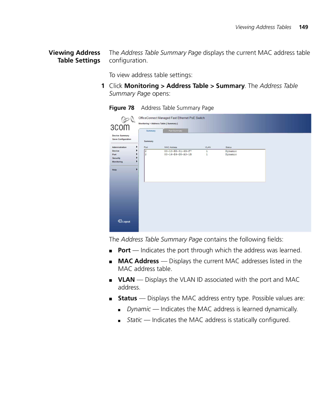 3Com 3CRDSF9PWR manual Table Settings, To view address table settings 