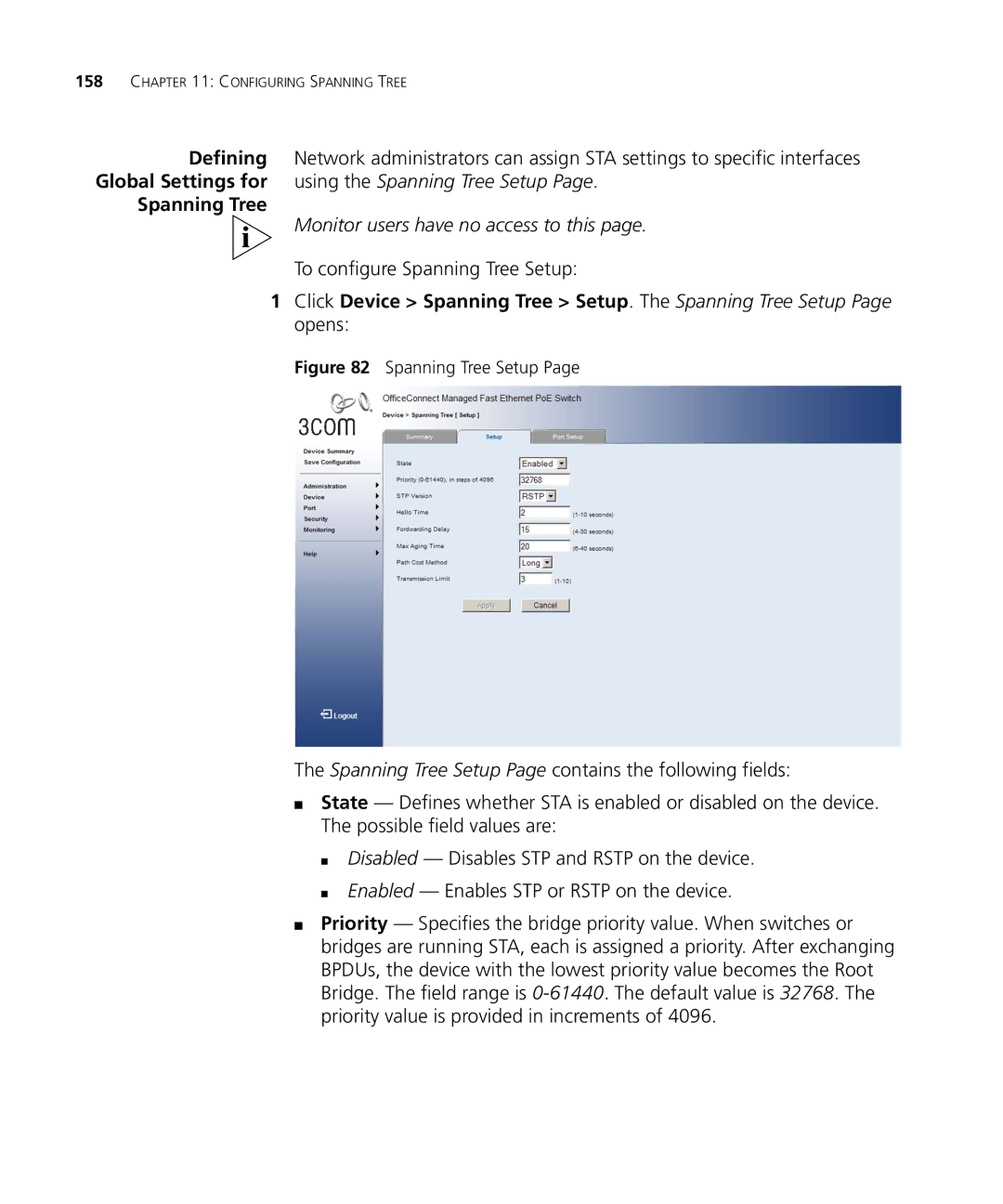 3Com 3CRDSF9PWR manual To configure Spanning Tree Setup 