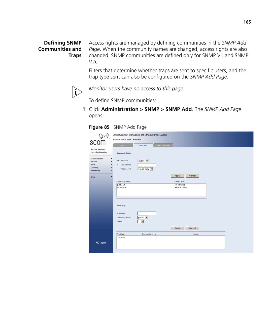 3Com 3CRDSF9PWR manual To define Snmp communities, Click Administration Snmp Snmp Add. The Snmp Add Page opens 