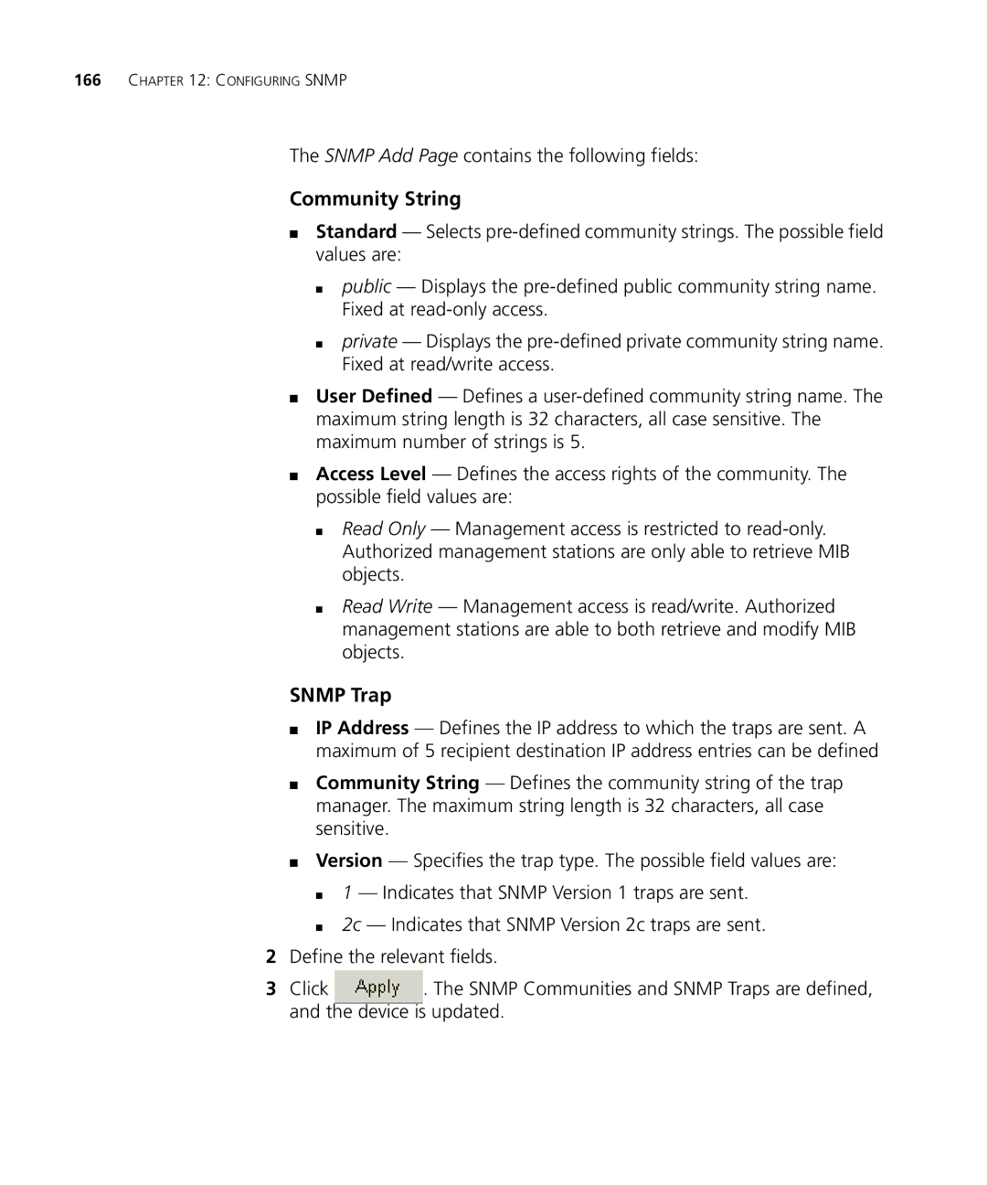 3Com 3CRDSF9PWR manual Community String, Snmp Trap, Snmp Add Page contains the following fields 