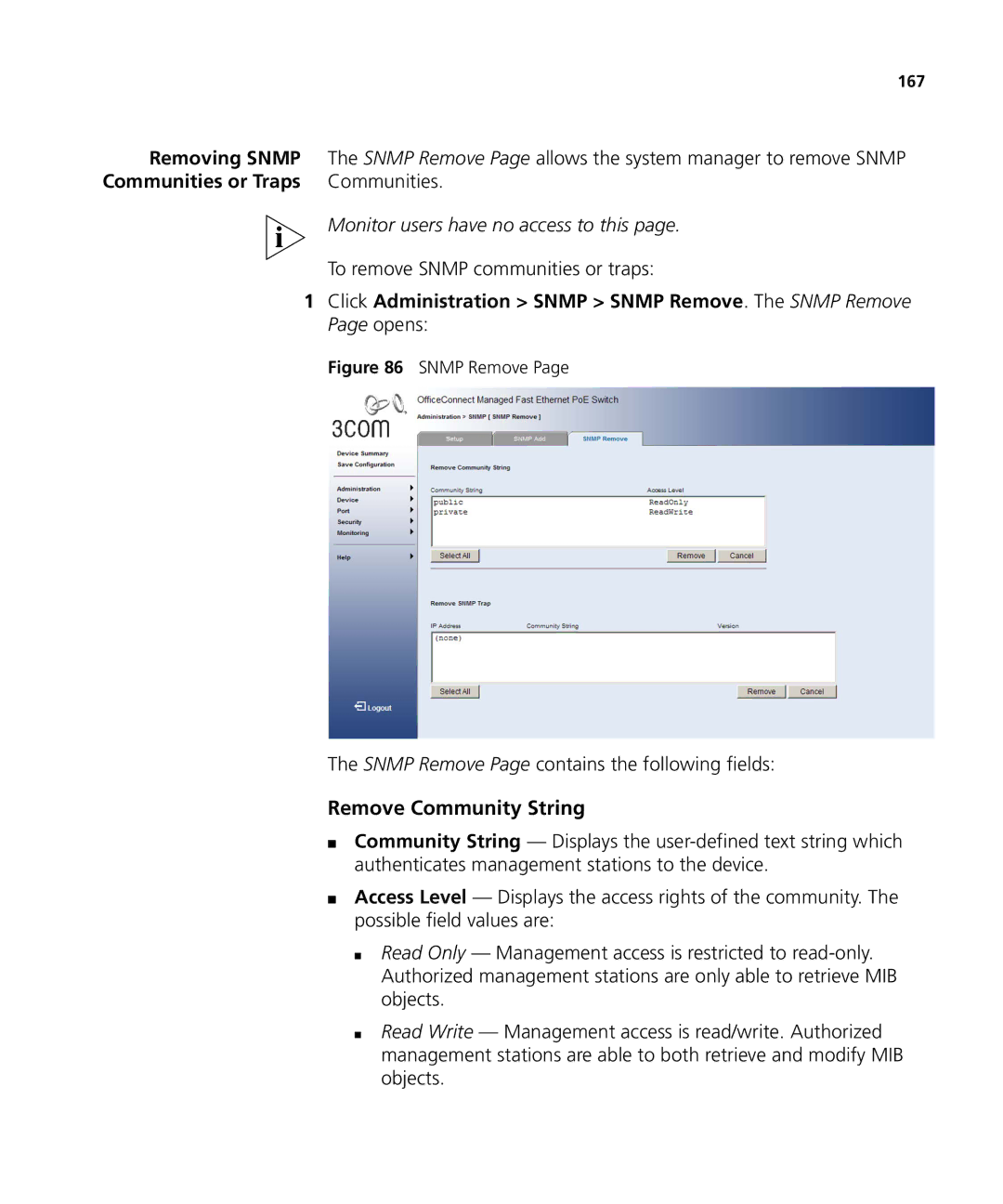 3Com 3CRDSF9PWR manual Remove Community String, Removing Snmp, Communities, To remove Snmp communities or traps 