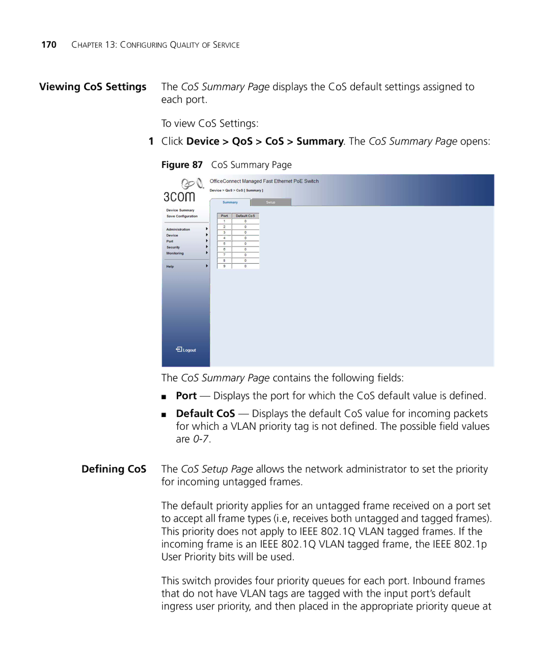 3Com 3CRDSF9PWR manual Click Device QoS CoS Summary. The CoS Summary Page opens 