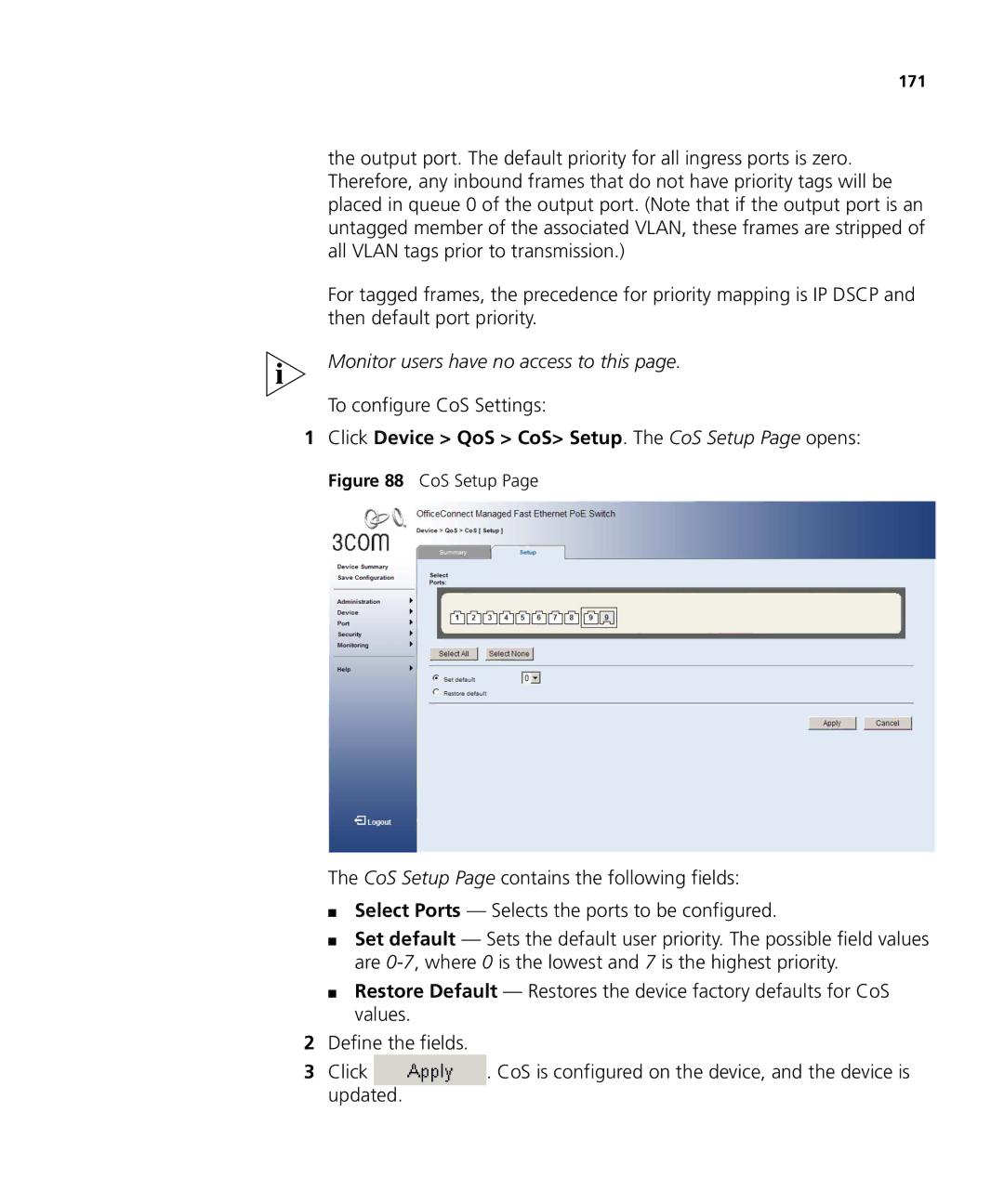 3Com 3CRDSF9PWR manual To configure CoS Settings, Click Device QoS CoS Setup. The CoS Setup Page opens 