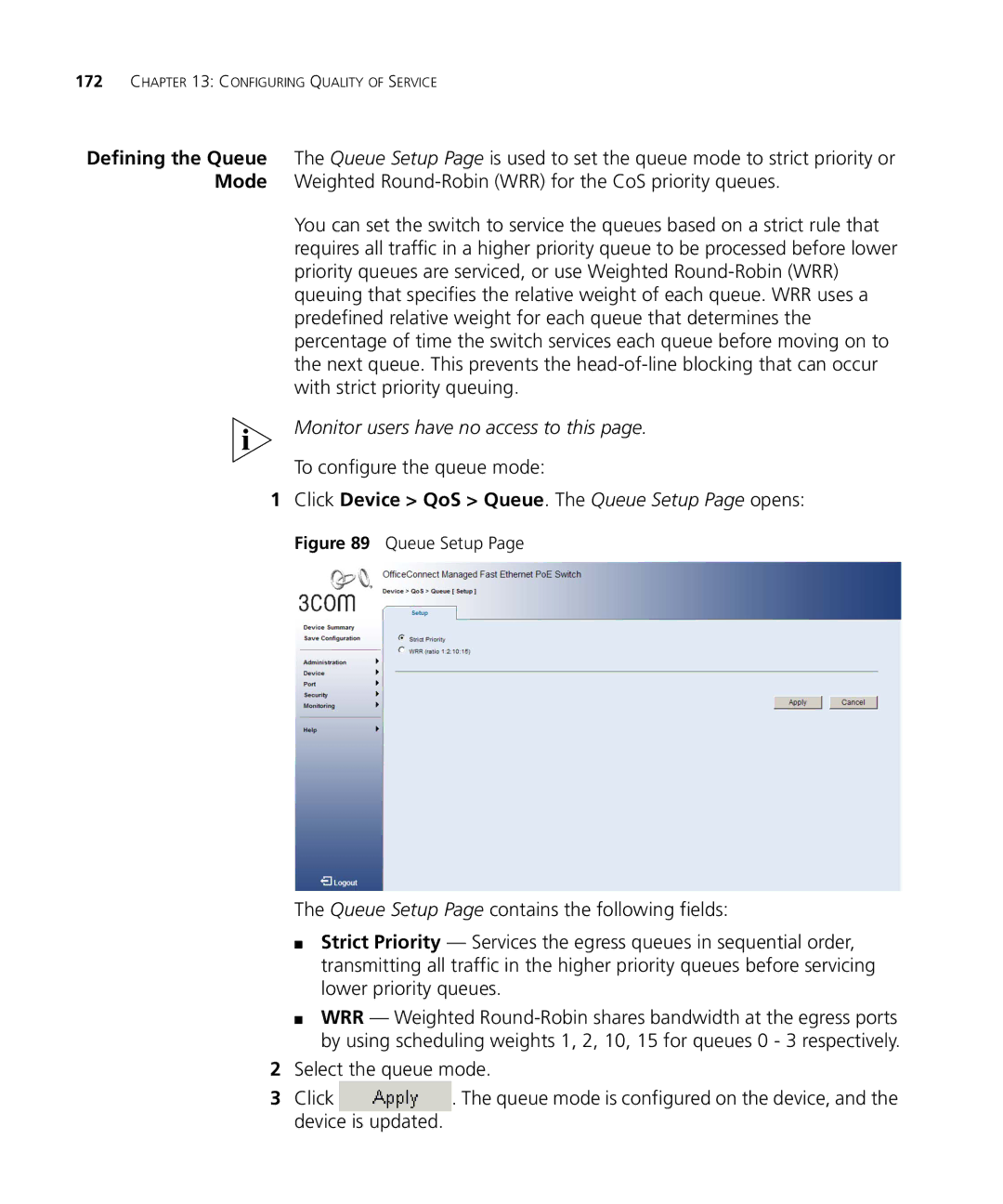 3Com 3CRDSF9PWR manual To configure the queue mode, Click Device QoS Queue. The Queue Setup Page opens 