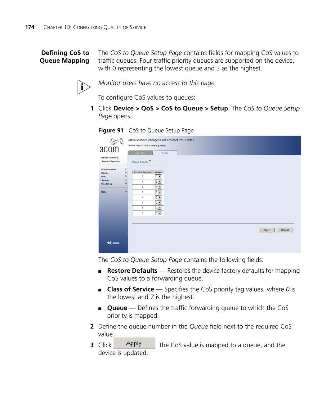 3Com 3CRDSF9PWR manual With 0 representing the lowest queue and 3 as the highest, To configure CoS values to queues 