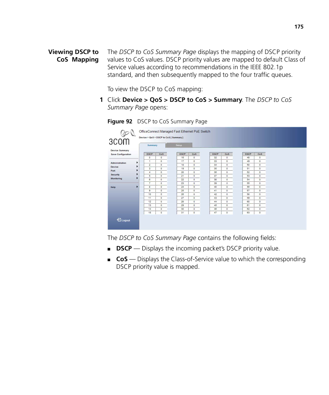 3Com 3CRDSF9PWR manual To view the Dscp to CoS mapping, Dscp to CoS Summary 