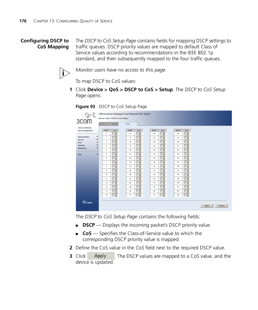 3Com 3CRDSF9PWR manual To map Dscp to CoS values, Dscp to CoS Setup 