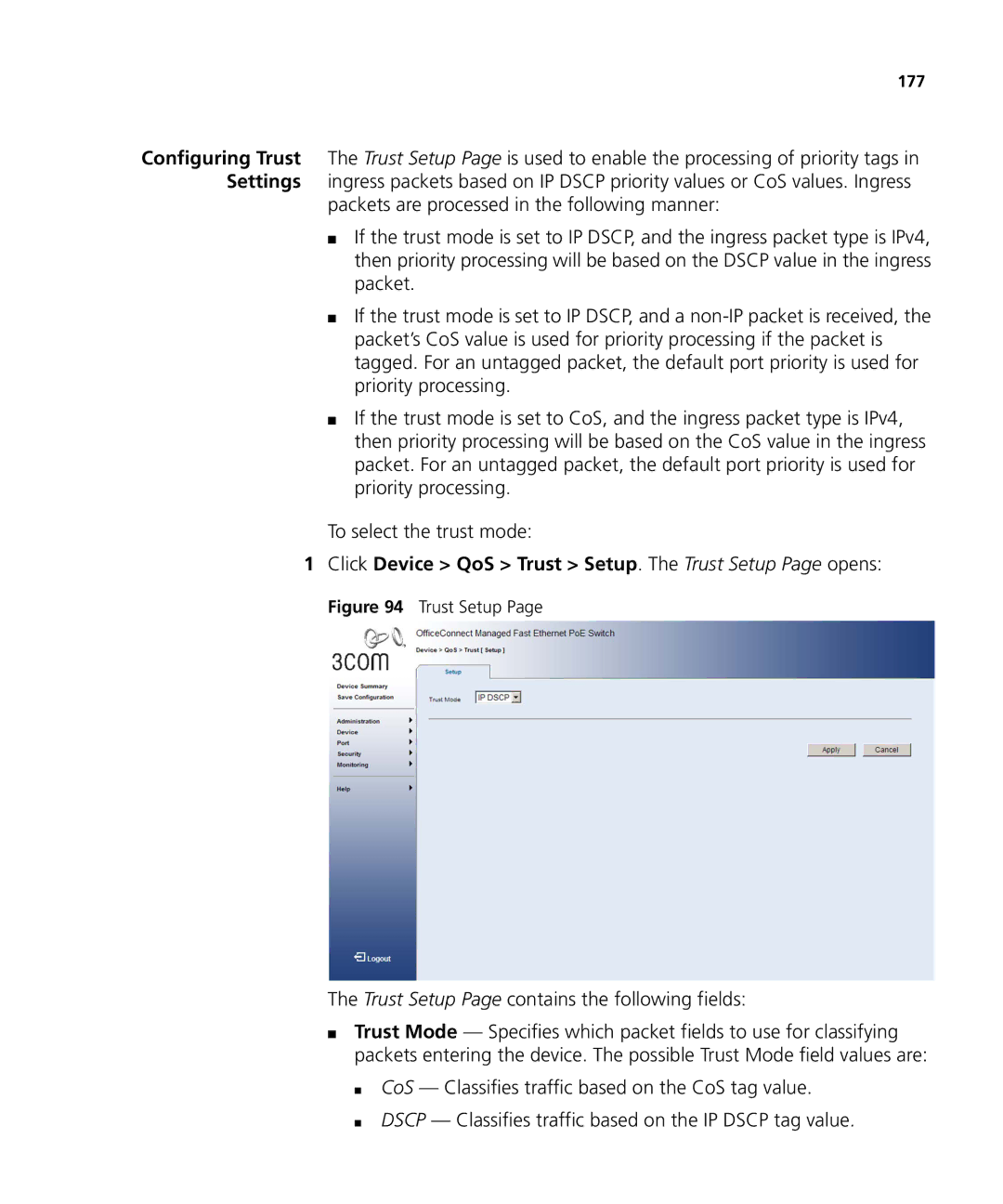 3Com 3CRDSF9PWR Click Device QoS Trust Setup. The Trust Setup Page opens, Trust Setup Page contains the following fields 