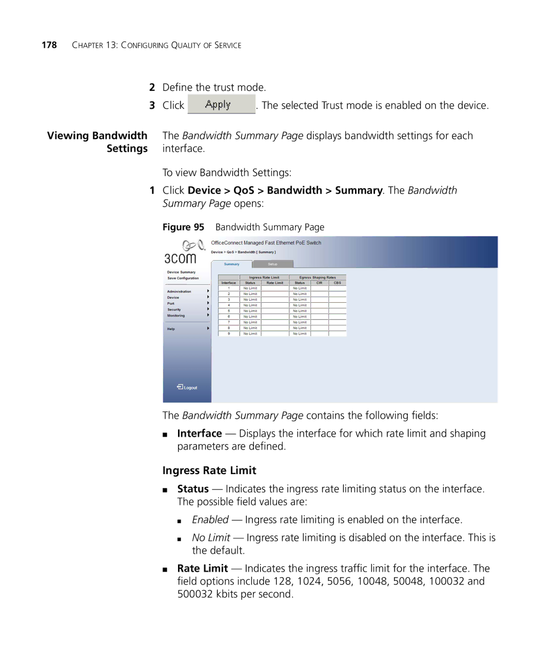 3Com 3CRDSF9PWR manual Ingress Rate Limit, Bandwidth Summary 