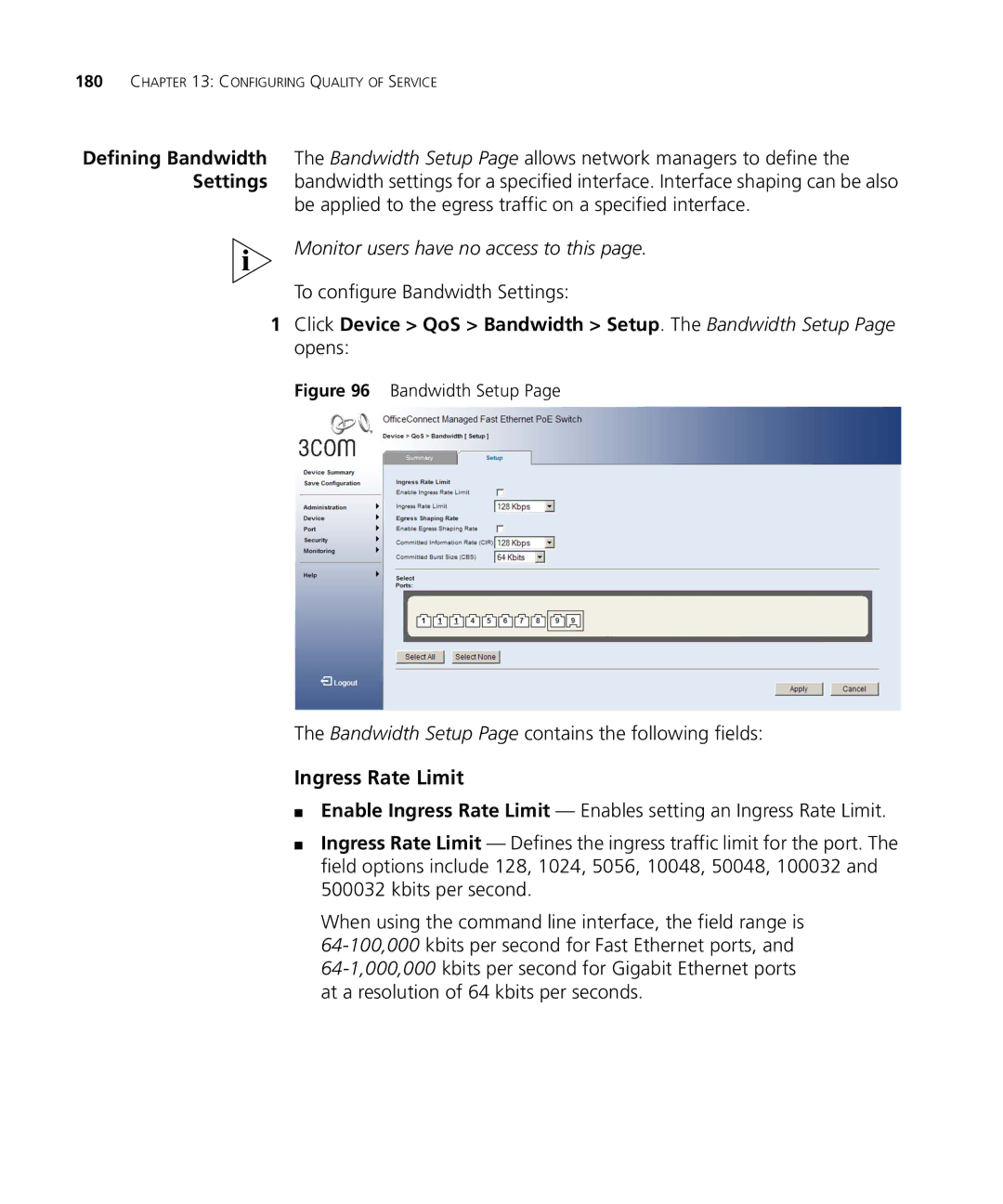 3Com 3CRDSF9PWR manual Be applied to the egress traffic on a specified interface, To configure Bandwidth Settings 