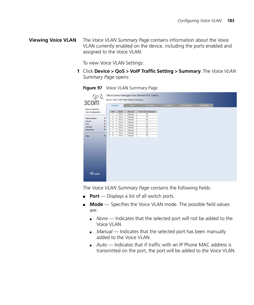 3Com 3CRDSF9PWR manual Voice Vlan Summary 