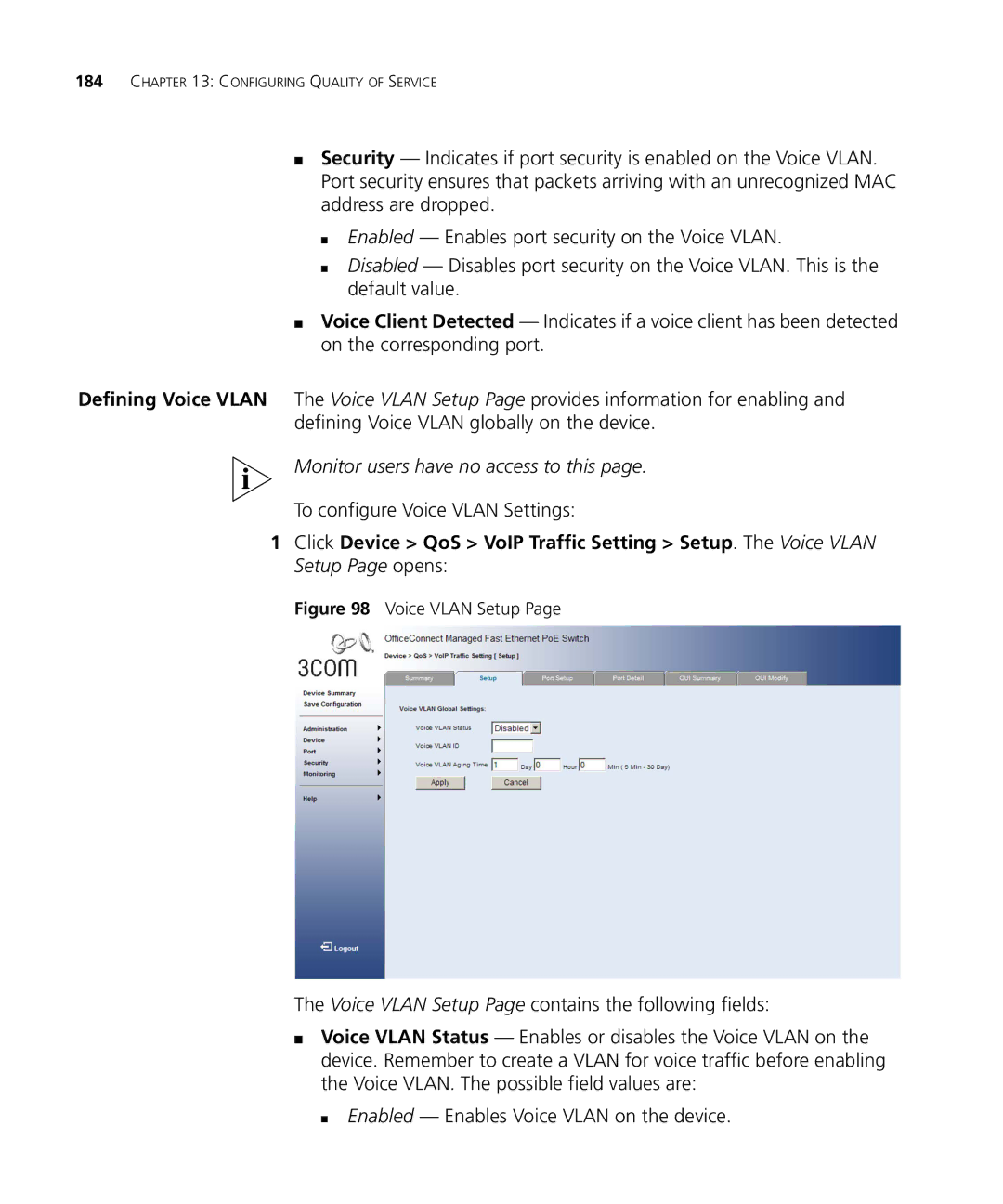 3Com 3CRDSF9PWR manual To configure Voice Vlan Settings, Voice Vlan Setup 