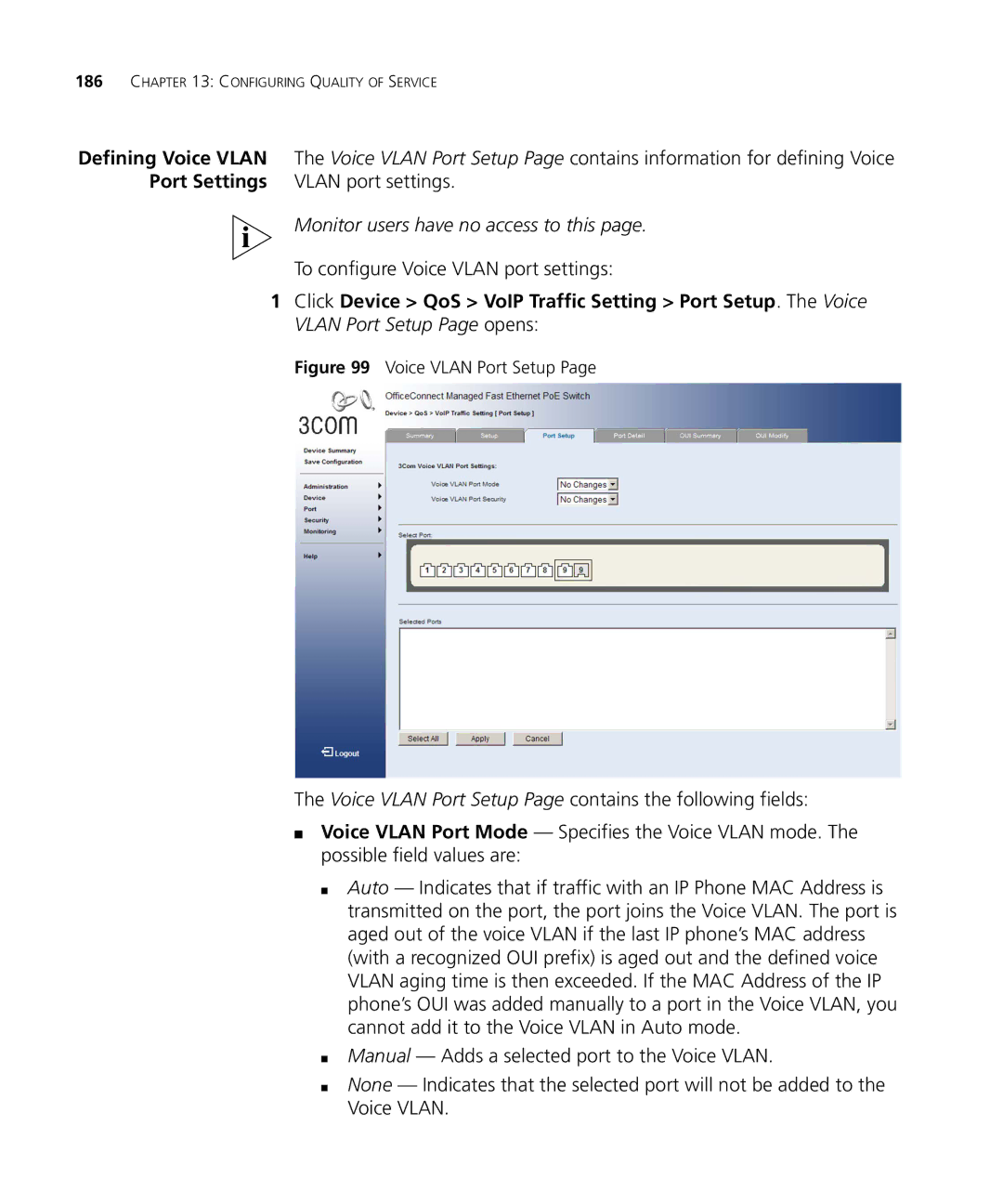 3Com 3CRDSF9PWR manual To configure Voice Vlan port settings, Voice Vlan Port Setup 