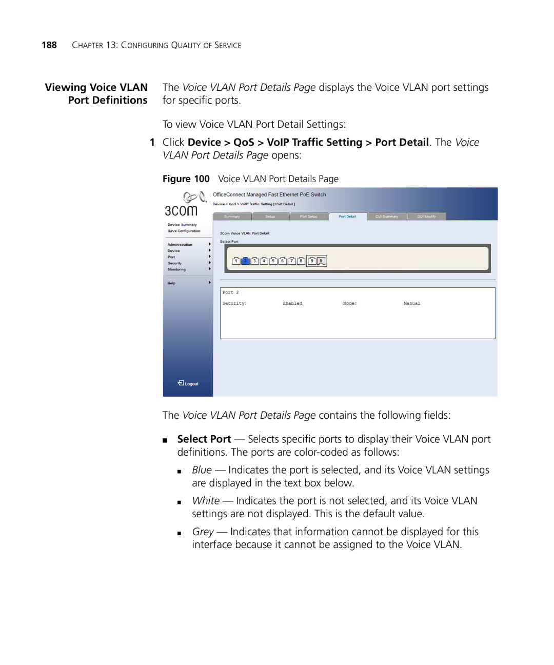 3Com 3CRDSF9PWR manual Port Definitions, For specific ports, To view Voice Vlan Port Detail Settings 