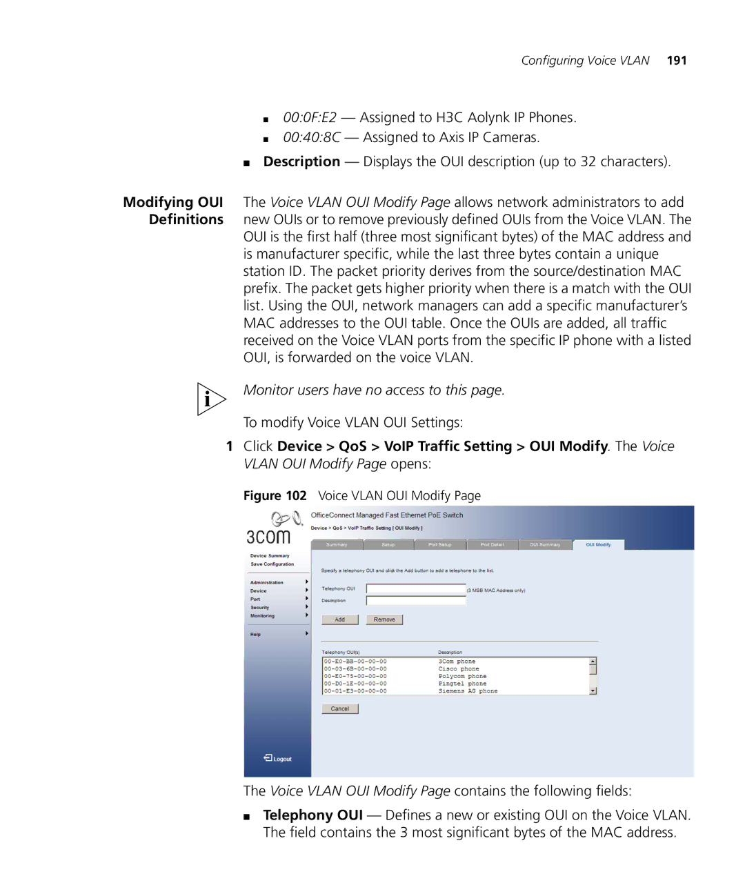 3Com 3CRDSF9PWR manual To modify Voice Vlan OUI Settings, Voice Vlan OUI Modify Page contains the following fields 