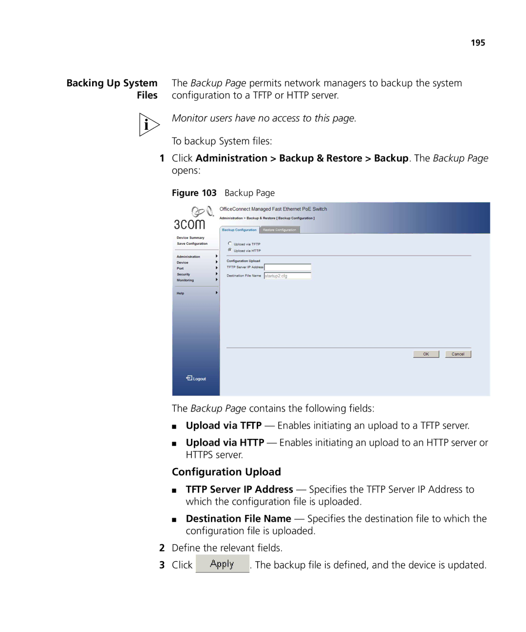 3Com 3CRDSF9PWR manual Configuration Upload, To backup System files 