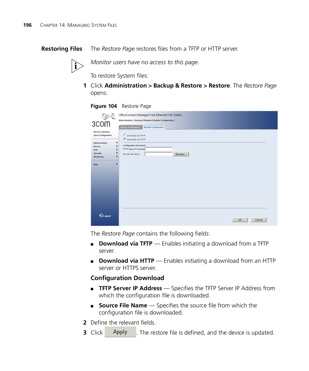 3Com 3CRDSF9PWR manual Configuration Download, To restore System files 