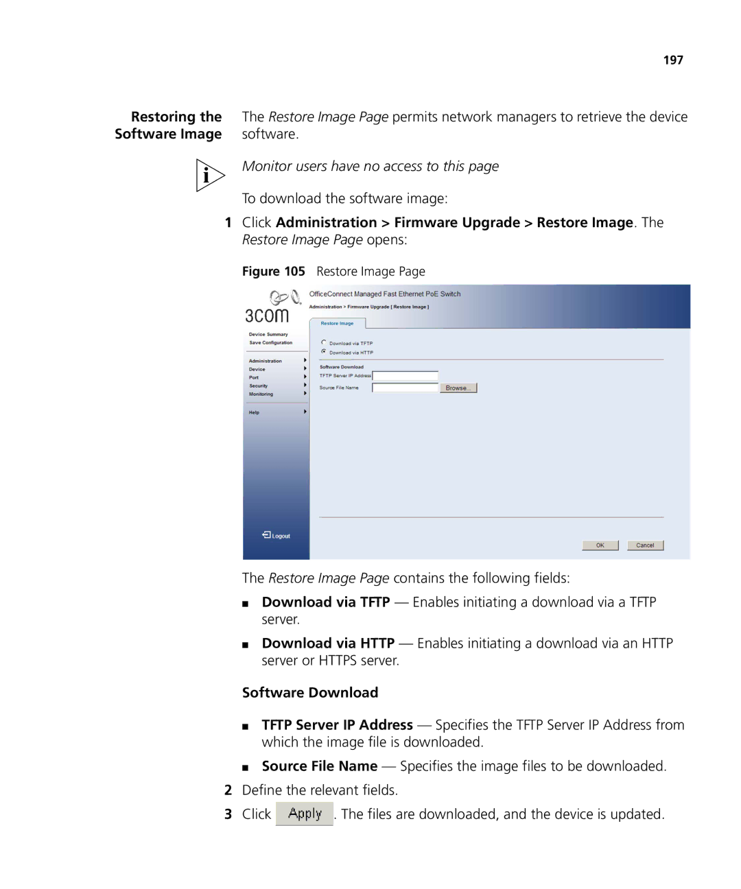 3Com 3CRDSF9PWR manual Restoring, To download the software image, Software Download 