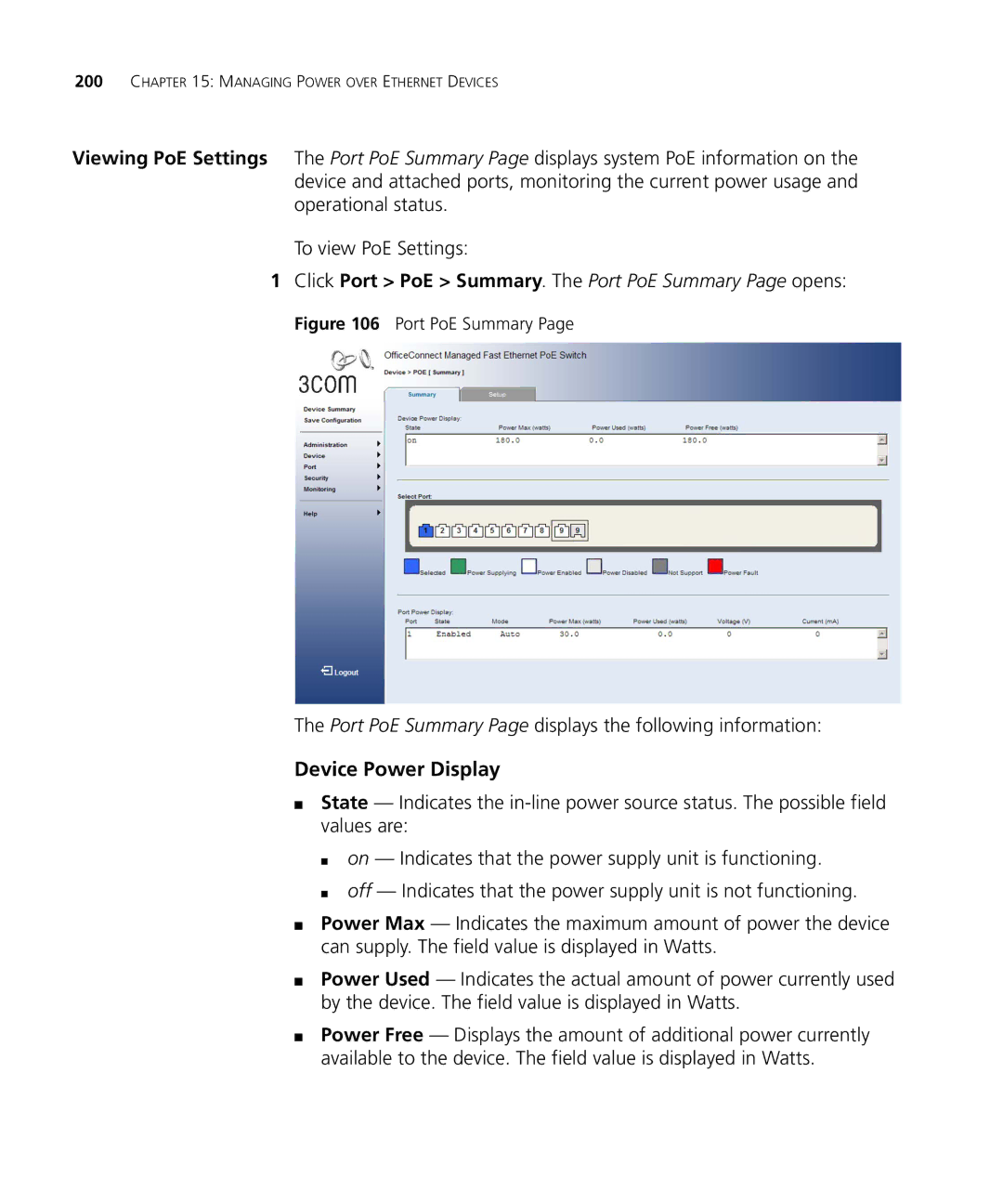 3Com 3CRDSF9PWR manual Device Power Display, Port PoE Summary Page displays the following information 