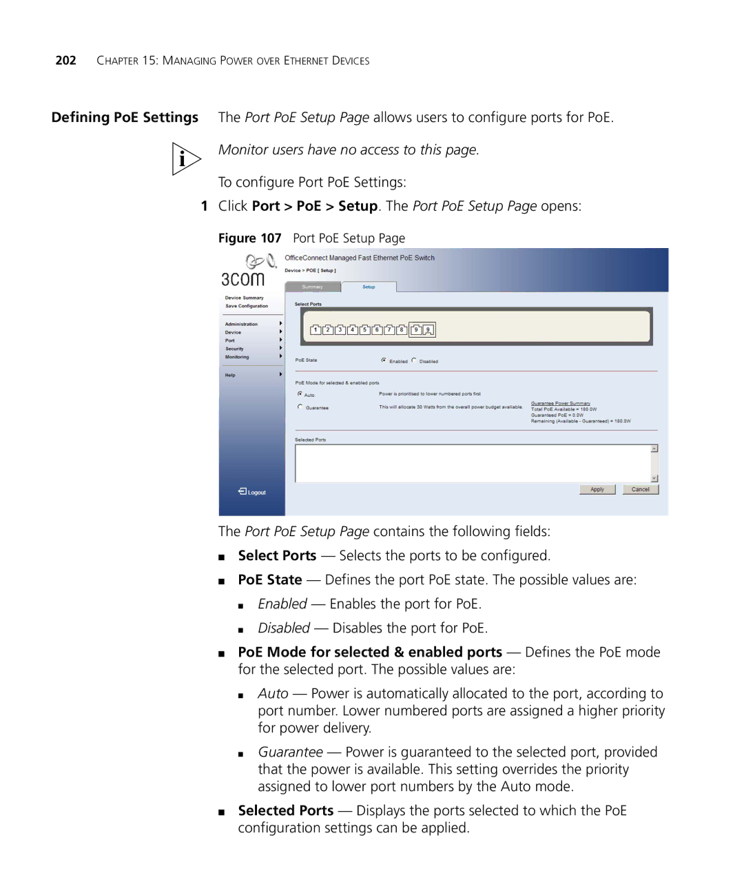 3Com 3CRDSF9PWR manual To configure Port PoE Settings, Click Port PoE Setup. The Port PoE Setup Page opens 