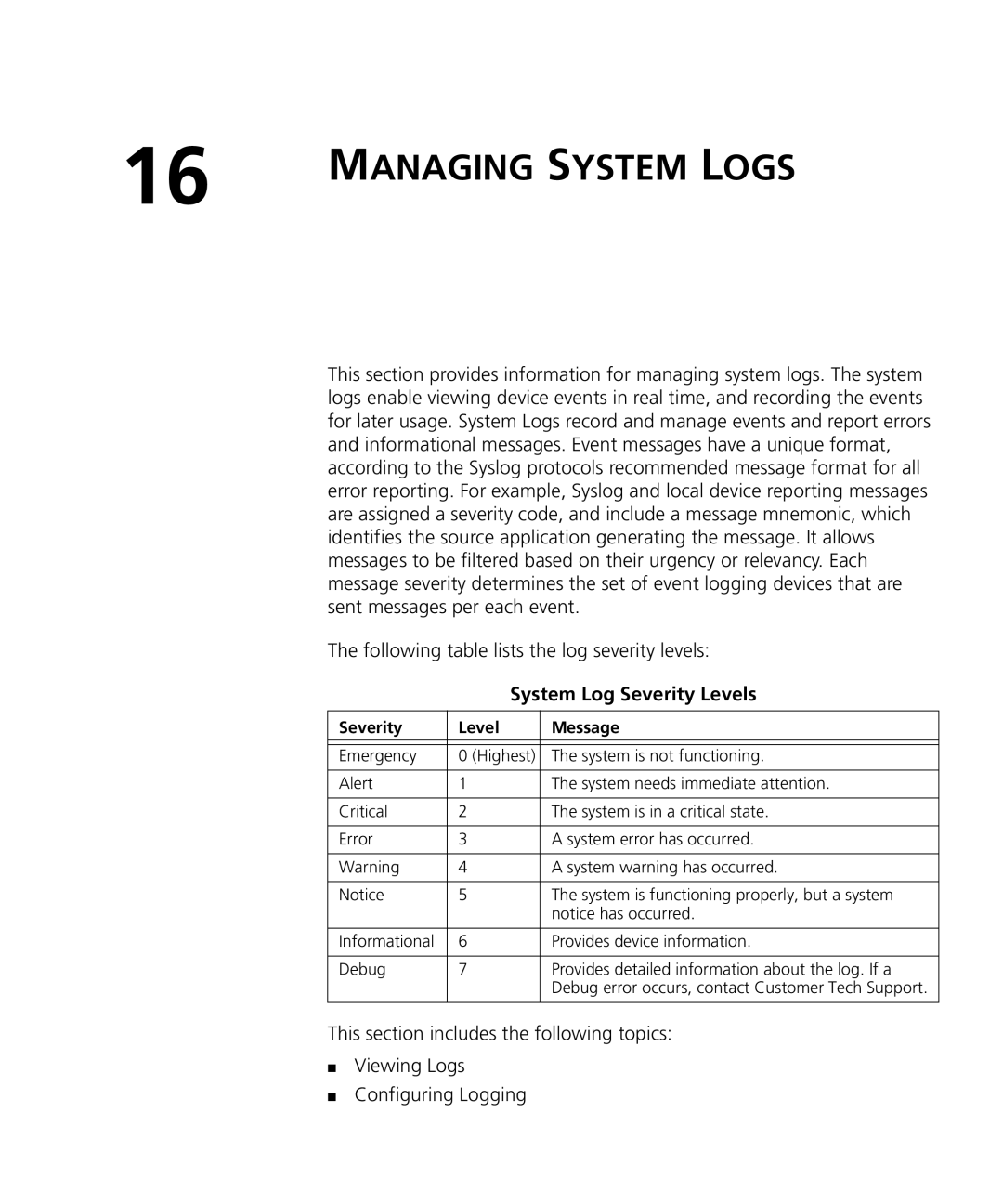 3Com 3CRDSF9PWR manual Managing System Logs, System Log Severity Levels 