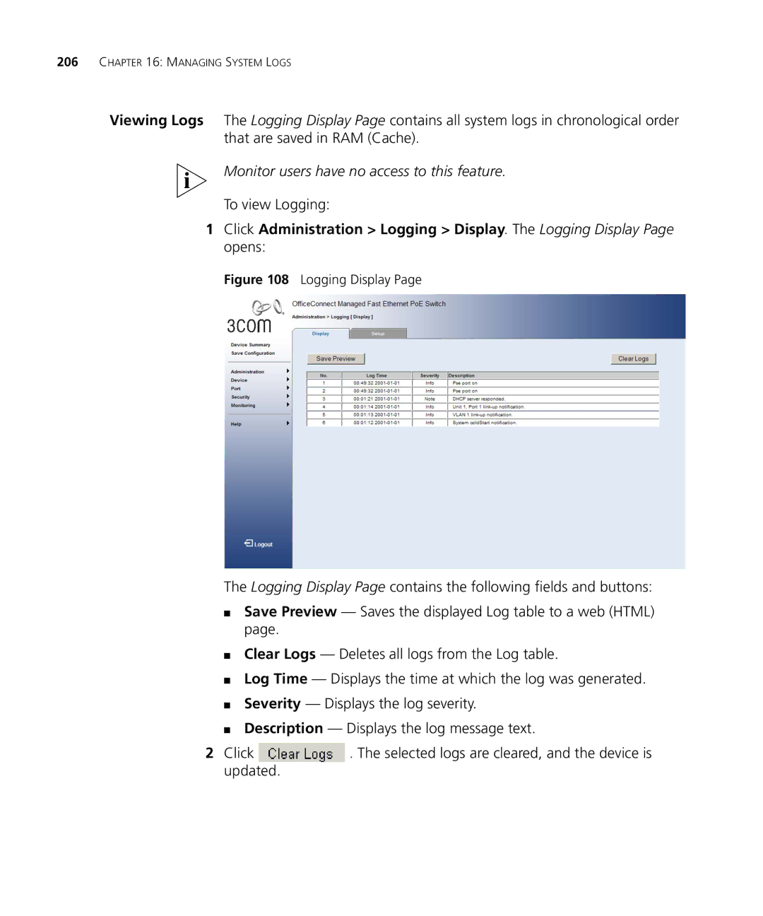 3Com 3CRDSF9PWR manual To view Logging, Logging Display 