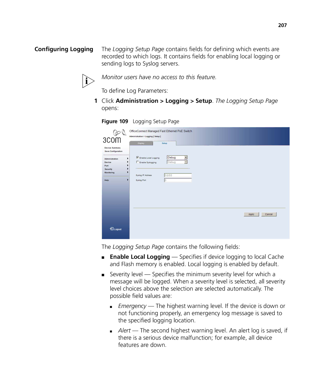 3Com 3CRDSF9PWR manual To define Log Parameters, Logging Setup Page contains the following fields 