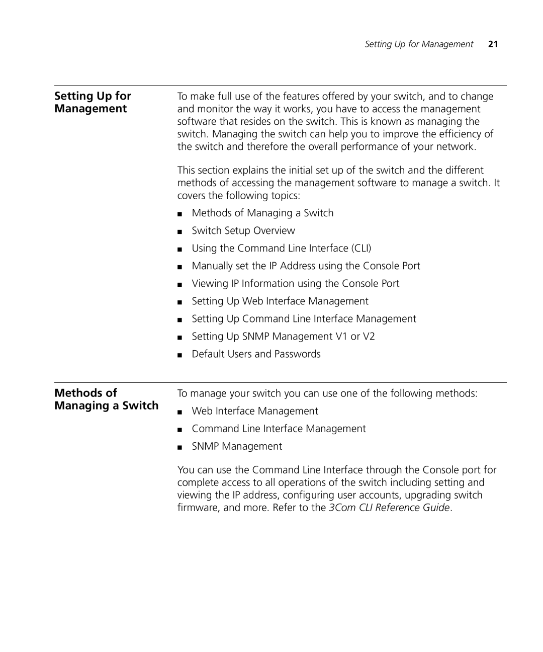 3Com 3CRDSF9PWR manual Setting Up for, Management, Methods of Managing a Switch 