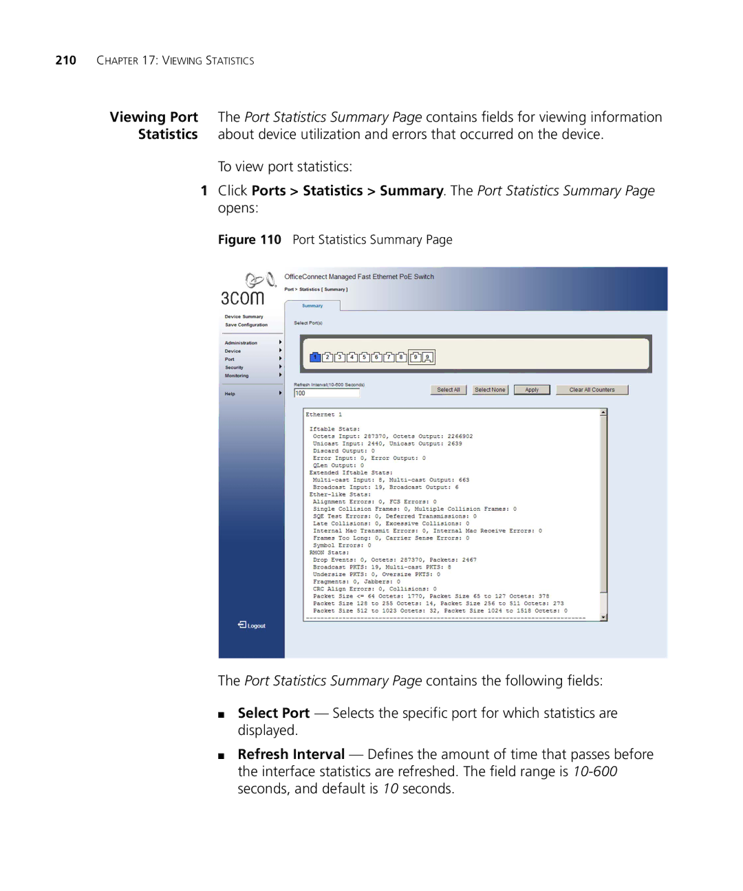 3Com 3CRDSF9PWR manual To view port statistics, Port Statistics Summary 