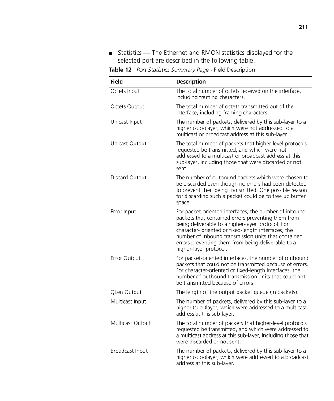 3Com 3CRDSF9PWR manual Port Statistics Summary Page Field Description 