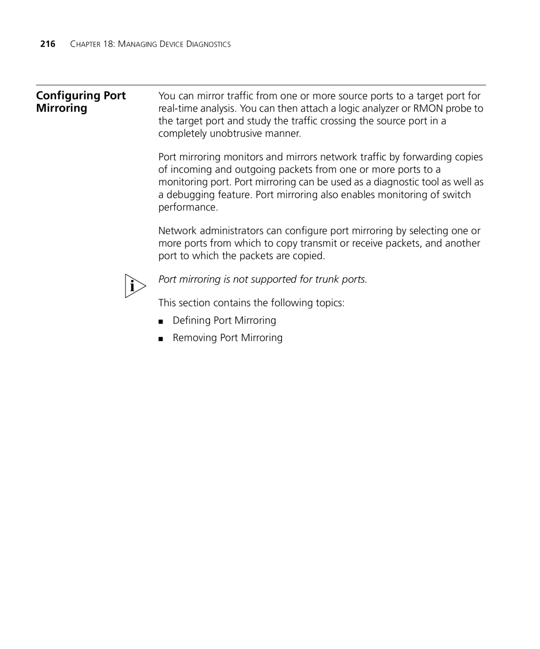 3Com 3CRDSF9PWR manual Port mirroring is not supported for trunk ports 