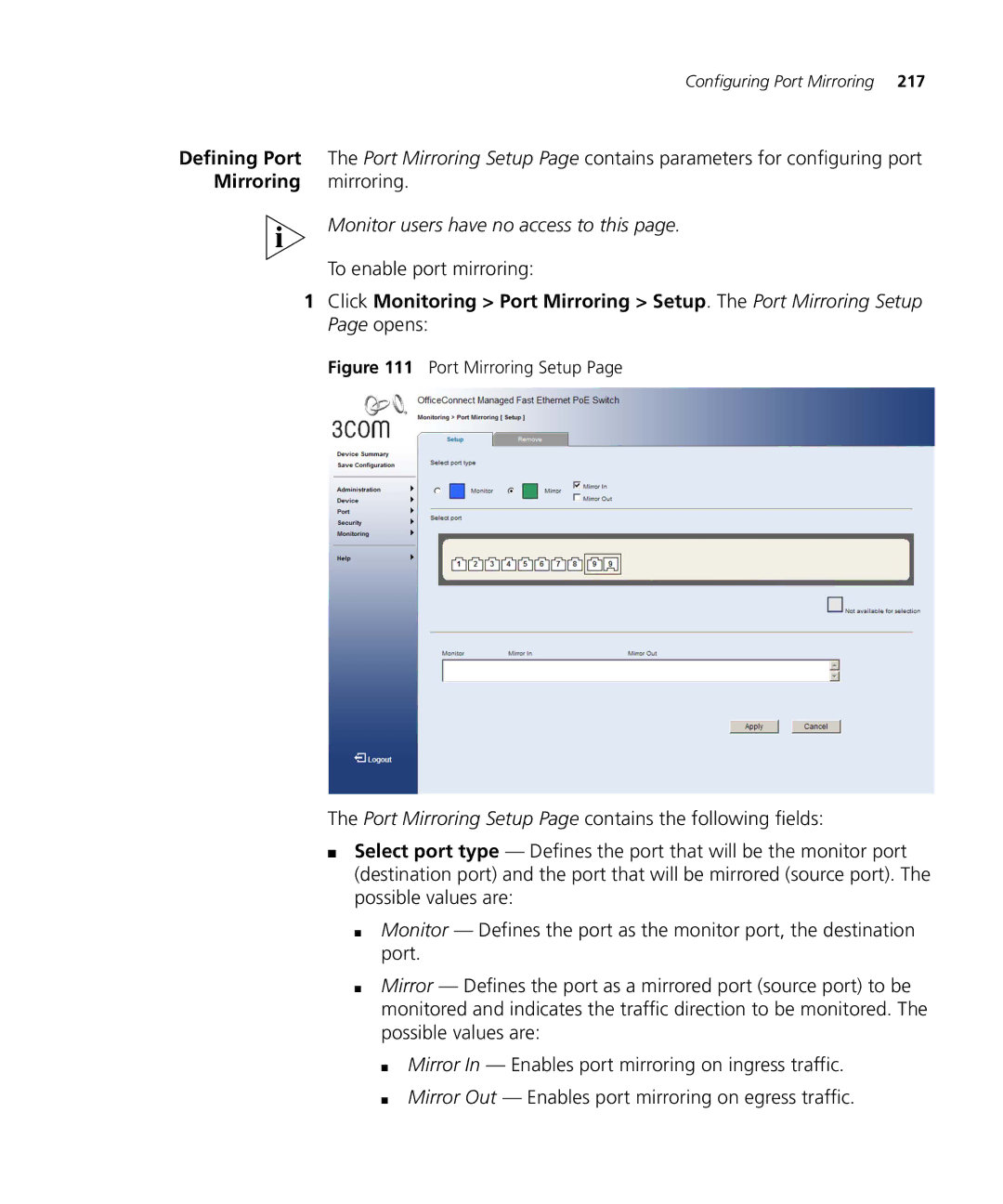 3Com 3CRDSF9PWR manual To enable port mirroring, Port Mirroring Setup 