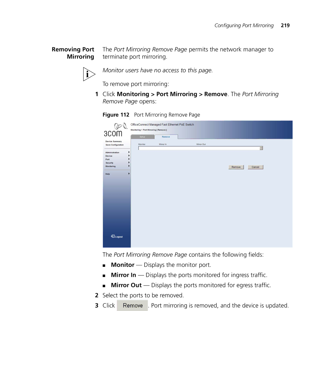 3Com 3CRDSF9PWR manual To remove port mirroring, Port Mirroring Remove 